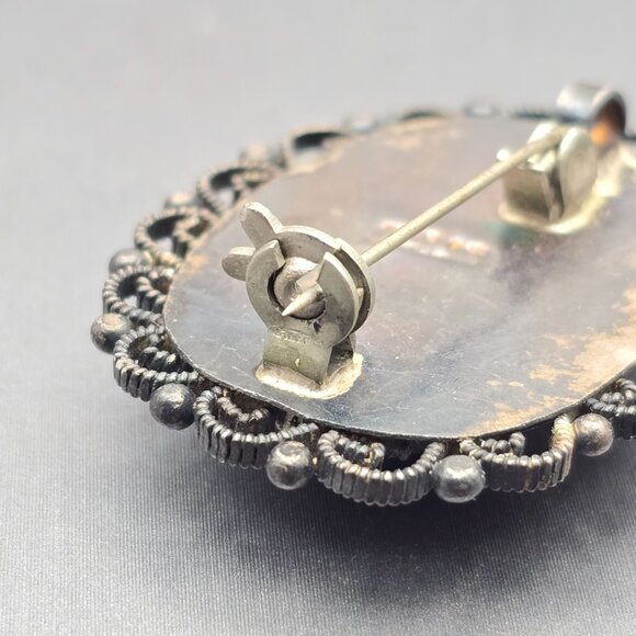 Antique Sterling Silver Purple Glass Brooch/Pendant 1.5" Rope & Scrolled Details - Picture 5 of 11